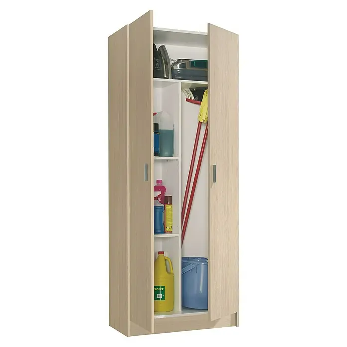 Armario multiusos de madera - L x An x Al: 37 x 73 x 180 cm, Marrón, Con escobero - Armario de limpieza de madera clara con estantes, lleno de artículos de limpieza como detergentes, cubo y fregona.
