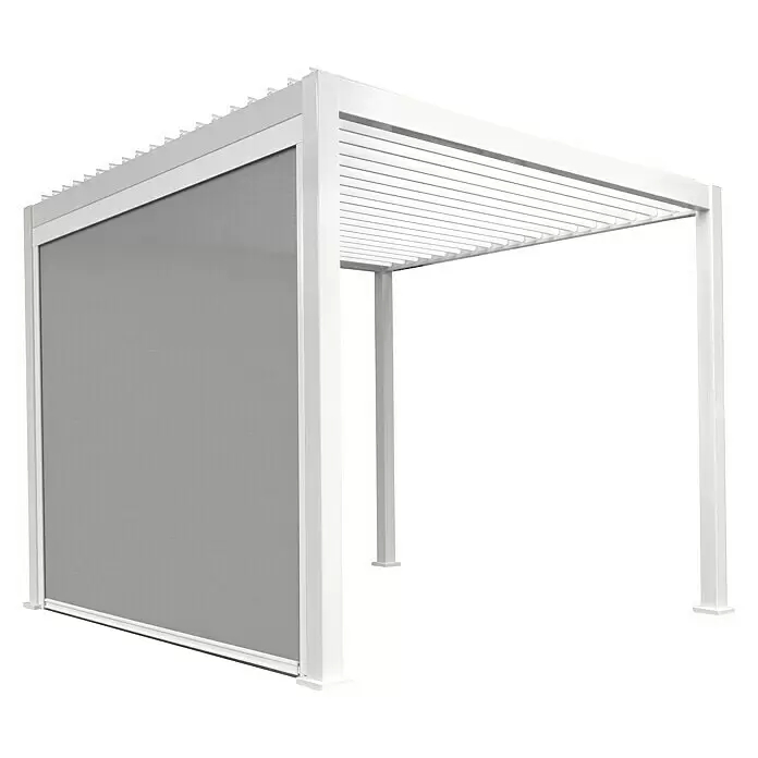 Sorara Seitenelement Rollo Solid & Basic - 400 cm, Weiß - Weiße moderne Pergola mit grauem einziehbarem Seitenrollo.