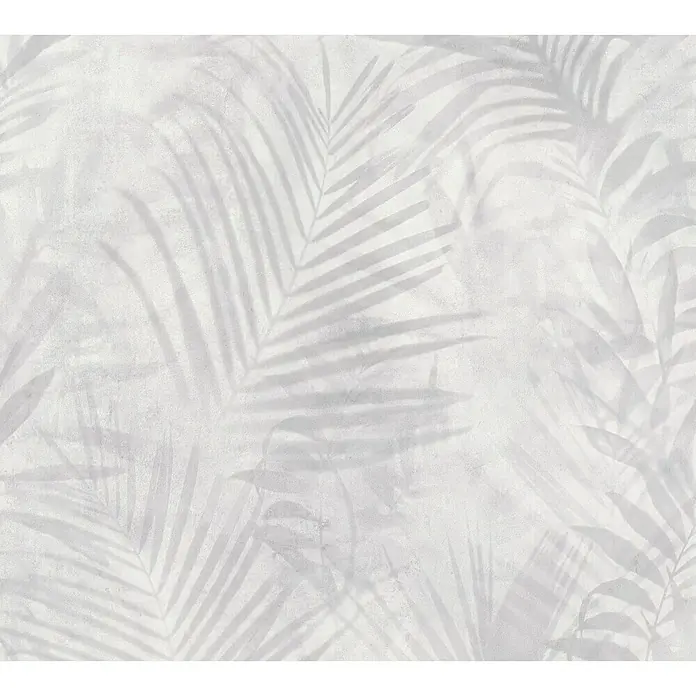 A.S. Création Neue Bude 2.0 ED II Vliestapete Palme - Grau, Floral, 10,05 x 0,53 m - Zartes Wandbild mit einem dezenten Palmenmuster in Weiß und Grau, das eine ruhige, natürliche Atmosphäre in jeden Raum bringt.