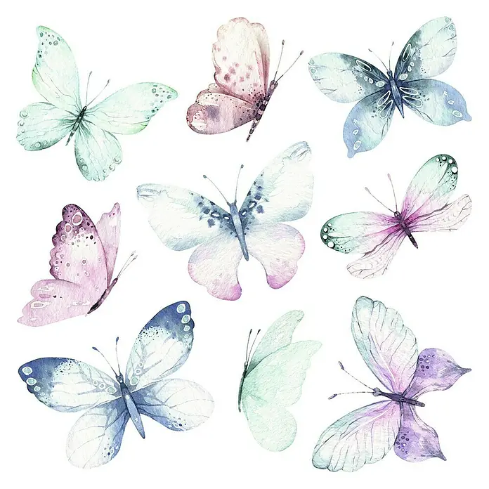 Vinilo de pared Mariposas acuarela - Multicolor, Plástico - Ilustración acuarela de ocho delicadas mariposas en suaves colores pastel, ideal para diseños y decoraciones de primavera.