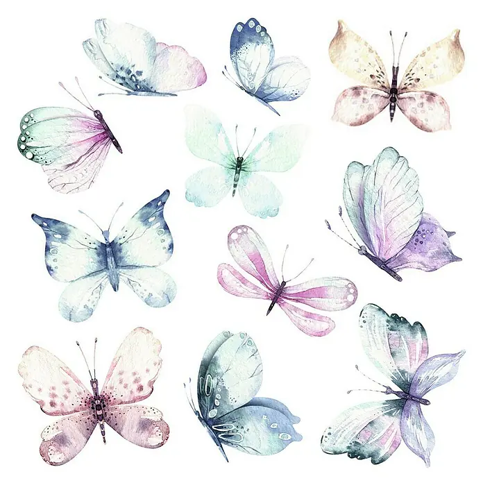 Vinilo de pared Mariposas acuarela - Multicolor, Plástico - Imagen acuarelada de una colección de delicadas mariposas en varios colores y poses, añadiendo un toque suave y artístico.