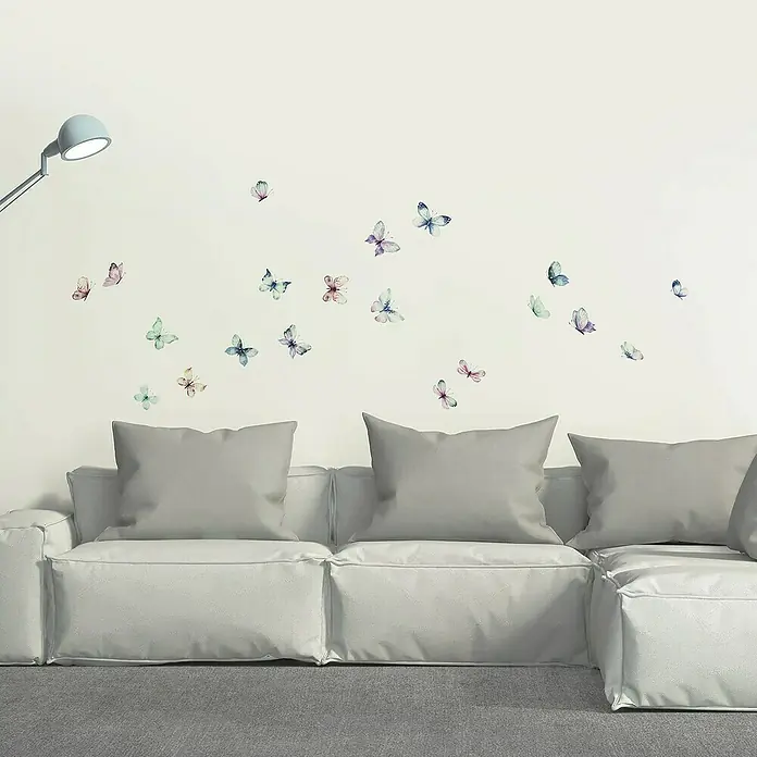 Vinilo de pared Mariposas acuarela - Multicolor, Plástico - Decoración de pared con delicadas mariposas de acuarela. Un detalle elegante para la sala de estar o la habitación de los niños. Realza cualquier habitación con elegancia suave.