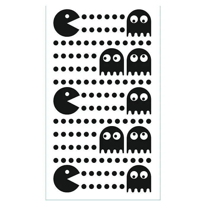 Vinilo de pared Pac-Man - Negro, Plástico - Ilustración de Pac-Man y fantasmas. Un diseño retro con el Pac-Man amarillo y fantasmas negros comiendo puntos.