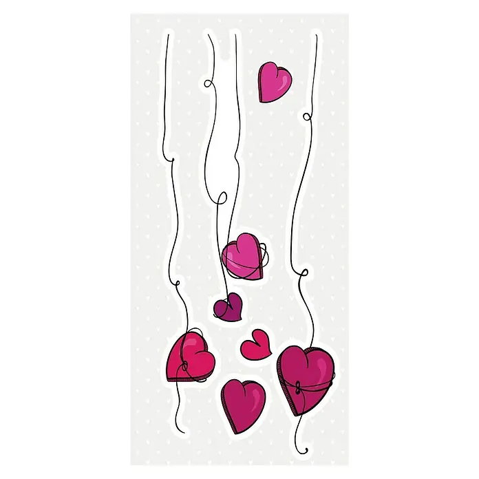 Vinilo de pared Corazones - Rojo, Plástico - Ilustración de corazones rosados colgantes y flotantes. El arte del Día de San Valentín incluye corazones colgantes unidos a cuerdas.
