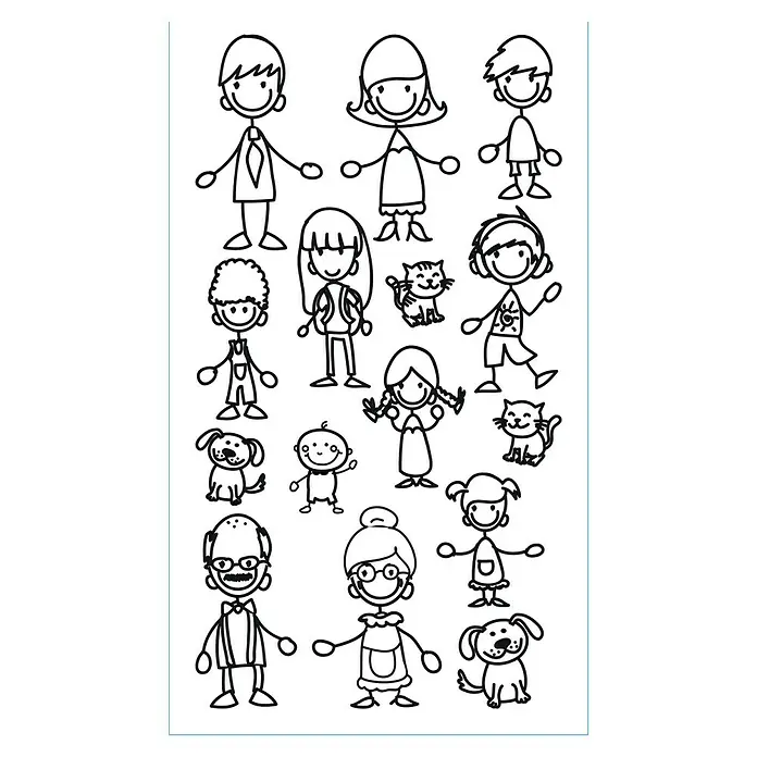 Vinilo de pared Família - Negro, Plástico - Ilustración de figura de palo de una familia con dos gatos y dos perros. Esta es una representación linda y peculiar de una familia.