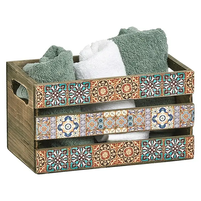 Zeller Present Aufbewahrungsbox Mosaik - L x B x H: 240 x 140 x 135 mm, Holz, Braun - Dekorative Holzkiste mit farbenfrohen Fliesenmotiven und weichen Handtüchern, die eine stilvolle Aufbewahrungslösung bietet.