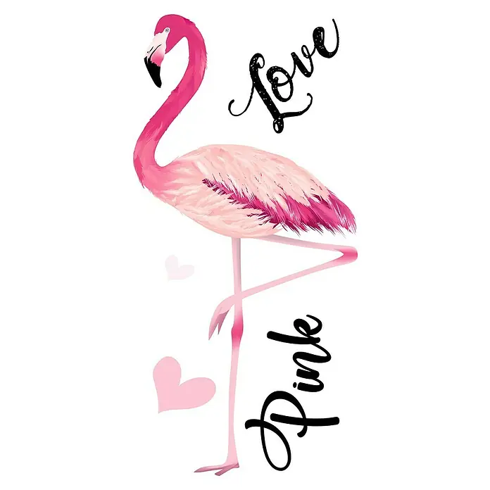Vinilo de pared Flamencos - 48 x 45 cm, Rosa, Plástico - Una hermosa imagen de un flamenco con las palabras "Love" y "Pink" en fuente negra, ideal para decoraciones y tarjetas de felicitación.
