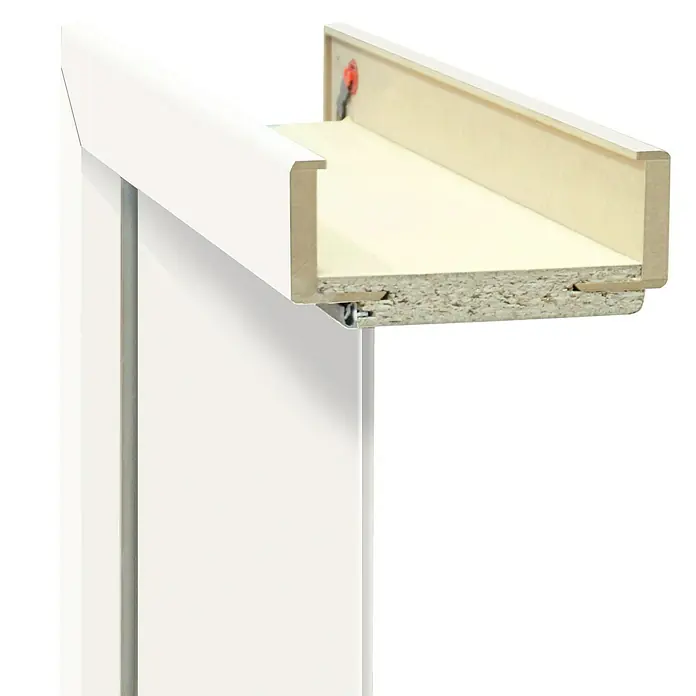 Classen PL Türzarge - 860 x 1.985 mm, Wandstärke: 180 mm, DIN Anschlag: Links, Monari Weiß - Detailaufnahme eines weißen Möbelelements, das die Konstruktion und Materialbeschaffenheit zeigt.\n