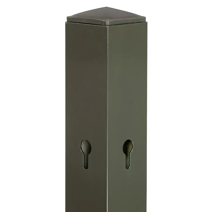 Videx Garden Pfosten - 6 x 6 x 190 cm, Passend für: Videx Garden Sichtschutzelemente Malmö, Stockholm & Öland Höhe 180 cm, Grau - Nahaufnahme eines grauen Metallpfostens mit schlüssellochförmigen Aussparungen, ideal für den Außenbereich.
