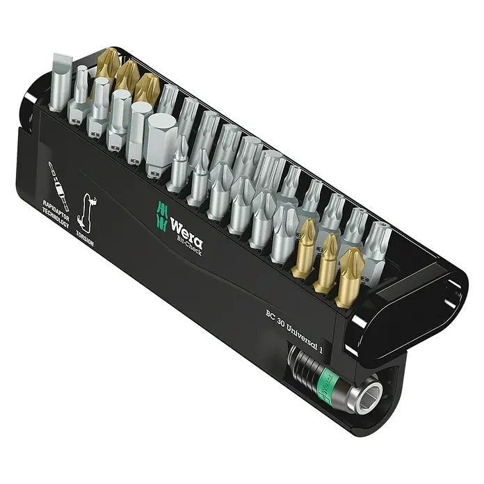 Wera Bit-Set - 30 -tlg. - Wera Bit-Check BC 30 Universal 1: Das Set enthält diverse Bits und einen Handhalter für Schraubarbeiten, ideal für Werkstatt und unterwegs.
