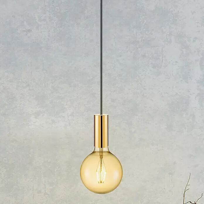 Home Sweet Home Lampenfassung - E27, Gold, Ø x H: 5 x 11 cm - Hängende goldfarbene Pendelleuchte mit runder bernsteinfarbener LED-Glühbirne.