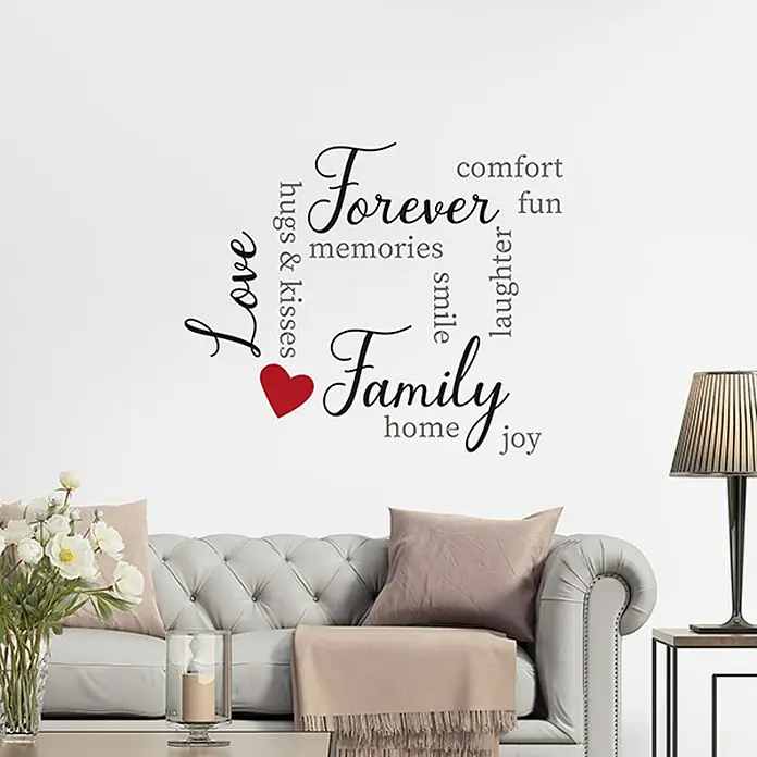 Vinilo de pared Mensajes - Negro/Rojo - Adhesivo de pared "Love, Family, Forever" con corazón rojo, ideal para el salón.