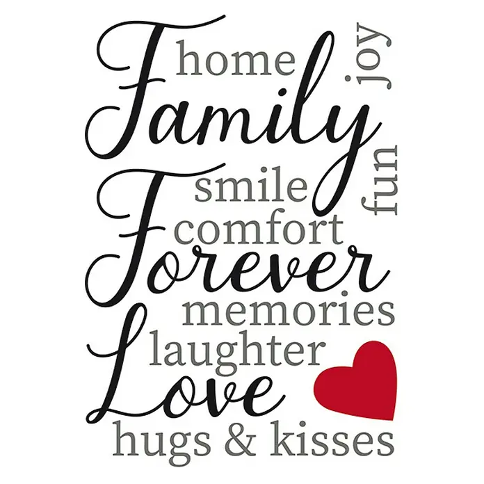Vinilo de pared Mensajes - Negro/Rojo - Arte mural decorativo con las palabras familia, hogar, risa y amor, ideal para un ambiente cálido y acogedor.