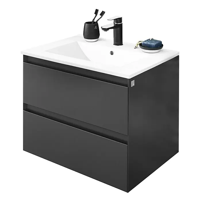 Space Waschtischunterschrank - 60 x 46 x 50 cm, Anthrazit - Elegantes Badezimmer-Waschbecken mit Unterschrank in Anthrazit, inklusive Armatur, Zahnputzbecher und Seife für ein stilvolles Badambiente.