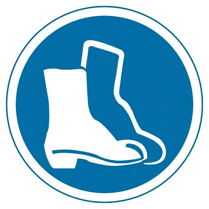 Cartel - Azul/Blanco, Uso obligatorio de calzado de seguridad, 5 x 5 cm - Imagen de una señal de seguridad que obliga al uso de calzado de seguridad.