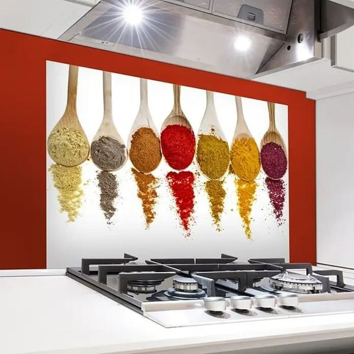 Vinilo de pared Especias - Multicolor, Plástico - Cocina equipada con placa de cocción y protector contra salpicaduras con motivo de cuchara, un diseño de cocina moderno.
