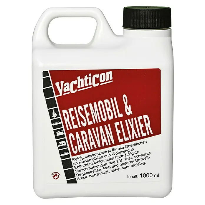 Yachticon Campingreiniger - 1 l - Bild einer Flasche Yachticon Reisemobil & Caravan Elixier, ein Reinigungskonzentrat für Wohnmobile und Wohnwagen.