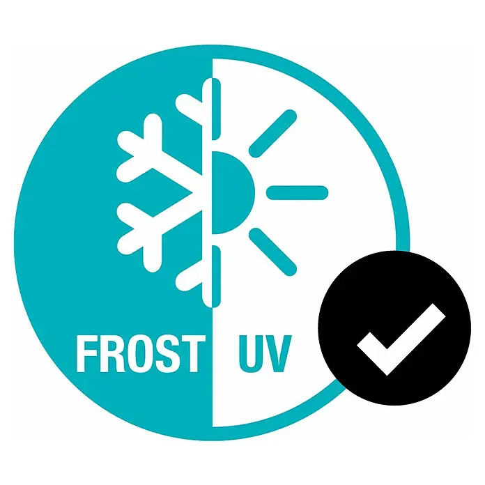 Gardena Schlauchbox RollUp S - Schlauchlänge: 15 m - Symbol für Frost- und UV-Beständigkeit mit einem Häkchen, das die geprüfte Qualität des Produkts bestätigt.
