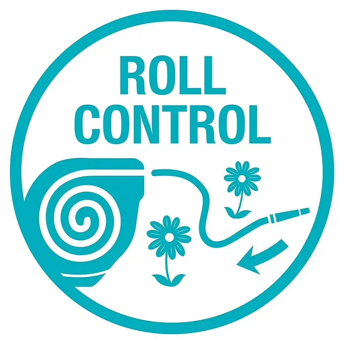 Gardena Schlauchbox RollUp S - Schlauchlänge: 15 m - 'Roll Control'-Symbol mit Schlauchaufroller, Blumen und Pfeil, das die kontrollierte Aufrollfunktion des Produkts hervorhebt.