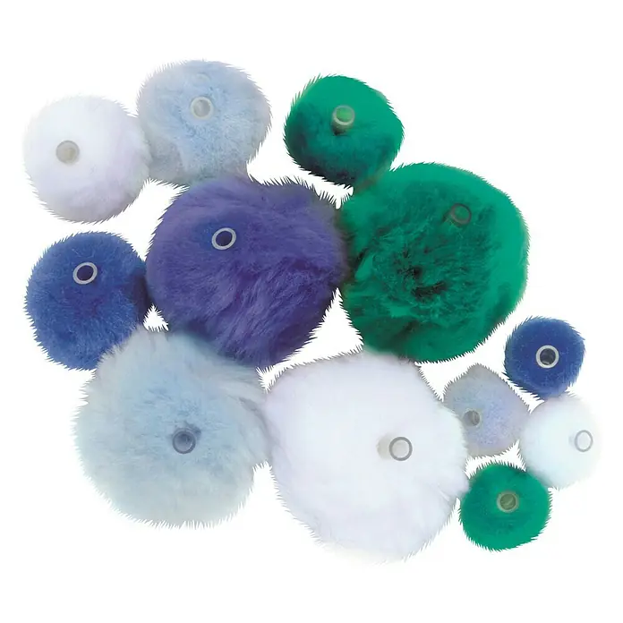 Glorex Hobby Time Pompon-Set Mix - Blau, 45 Stk., Acryl - Abbildung von Polieraufsätzen in verschiedenen Farben und Größen. Diese flauschigen Polierwerkzeuge sind ideal für Detailarbeiten.