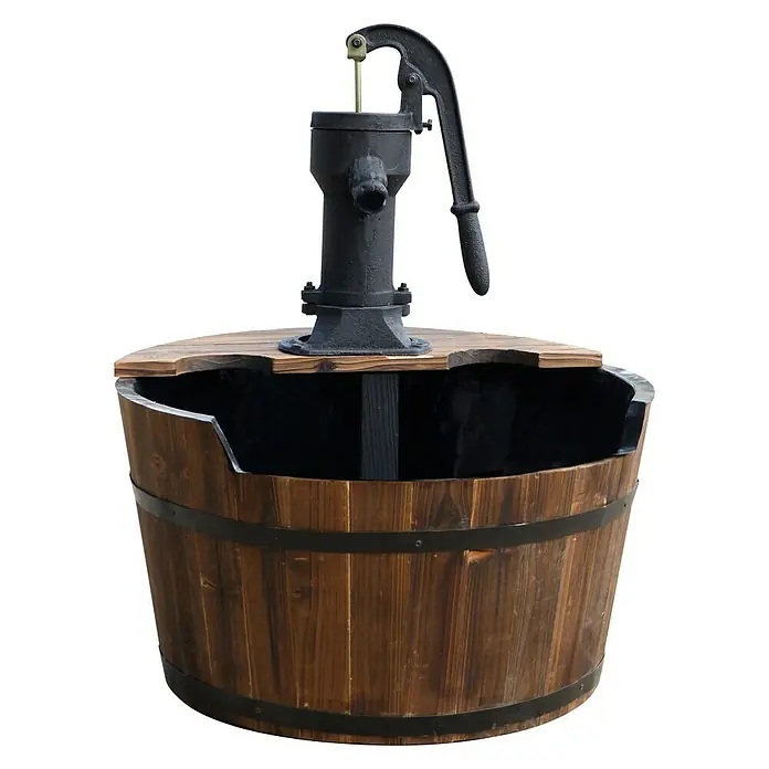 Ubbink AcquaArte Gartenbrunnen Newcastle - 60 x 60 x 75 cm, Holz, Braun - Rustikaler Zierbrunnen aus Holz mit einer gusseisernen Handpumpe, ideal für den Garten. Ein charmanter Blickfang für den Außenbereich.