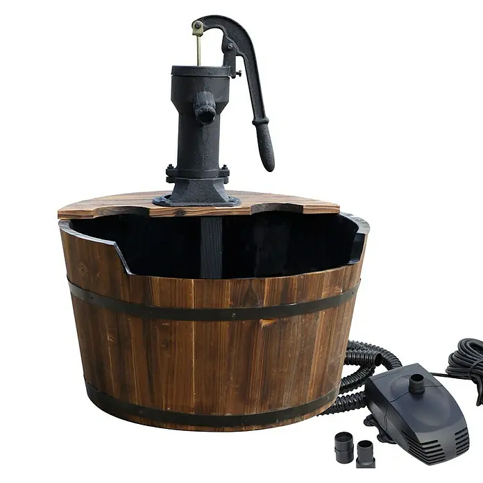 Ubbink AcquaArte Gartenbrunnen Newcastle - 60 x 60 x 75 cm, Holz, Braun - Rustikale Holzfass-Gartenfontäne mit Handpumpe und Pumpe, ideal zur Dekoration von Gärten und Terrassen.
