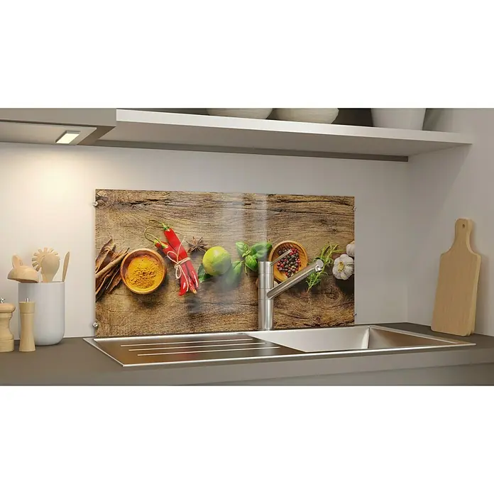 CUCINE Küchenrückwand - Wooden Spice, 80 x 40 cm, Stärke: 6 mm, Einscheibensicherheitsglas (ESG) - Ein stilvolles Küchenrückwandmotiv mit Gewürzen, das eine warme und einladende Atmosphäre in der Küche schafft.
