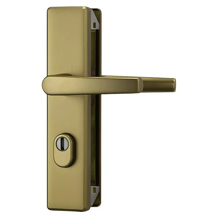 Abus Schutzbeschlag KLSZ 714 - Wohnungsabschlusstür, Bronze, Drücker beidseitig - Nahaufnahme einer goldenen Türklinke mit Schloss. Das elegante Design und die hochwertige Verarbeitung fallen sofort ins Auge.