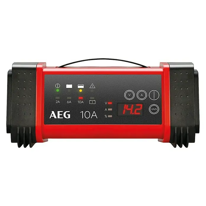 AEG Equipo cargador automático LT10 - Apto para: Baterías AGM/Gel/Plomo ácido 12/24 V, 230 V - Un cargador de batería rojo AEG 10A con una pantalla digital que muestra 14.2.