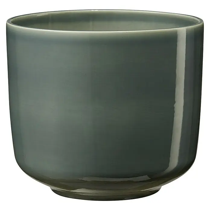 Soendgen Keramik Bari Übertopf rund - Außenmaß (Ø x H): 24 x 22 cm, Graugrün, Keramik - Nahaufnahme einer eleganten, grauen Keramiktasse, die sich durch ihre schlichte Form und glänzende Oberfläche auszeichnet.