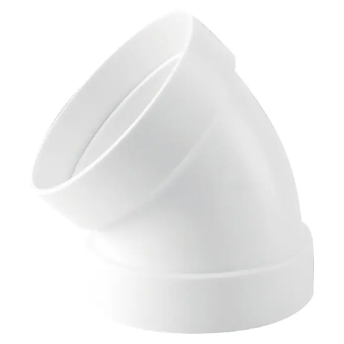 Codo redondo Tubpla - 100 mm, 45 ° - Accesorio de tubería de PVC blanco, un codo de 45 grados, aislado sobre un fondo negro. Ideal para proyectos de fontanería y construcción.