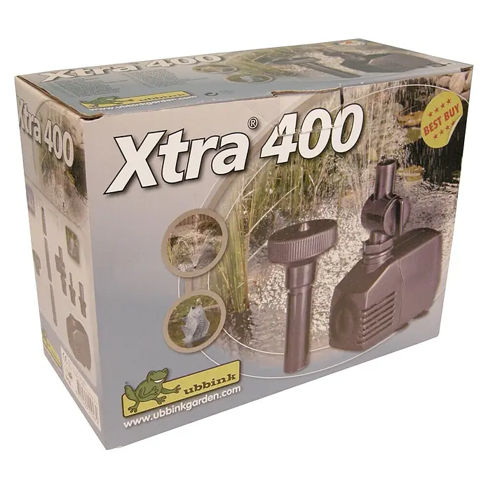 Ubbink Wasserspielpumpe Xtra 400 - 6 W - Produktverpackung der Ubbink Xtra 400 Teichpumpe, eine zuverlässige und effiziente Lösung für Ihren Gartenteich.