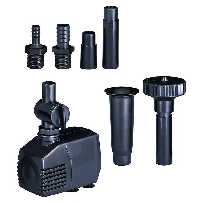 Ubbink Wasserspielpumpe Xtra 400 - 6 W - Abbildung einer schwarzen Springbrunnenpumpe mit verschiedenen Aufsätzen für unterschiedliche Sprühbilder.