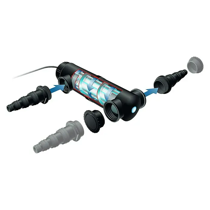 Ubbink Vorklärgerät AlgClear UV-C 2500 - Leistung: 5 W - Das Bild zeigt einen UVC-Wasserklärer mit abnehmbaren Anschlüssen. Das Gerät ist in einer Schnittansicht dargestellt, um die internen Komponenten zu zeigen.
