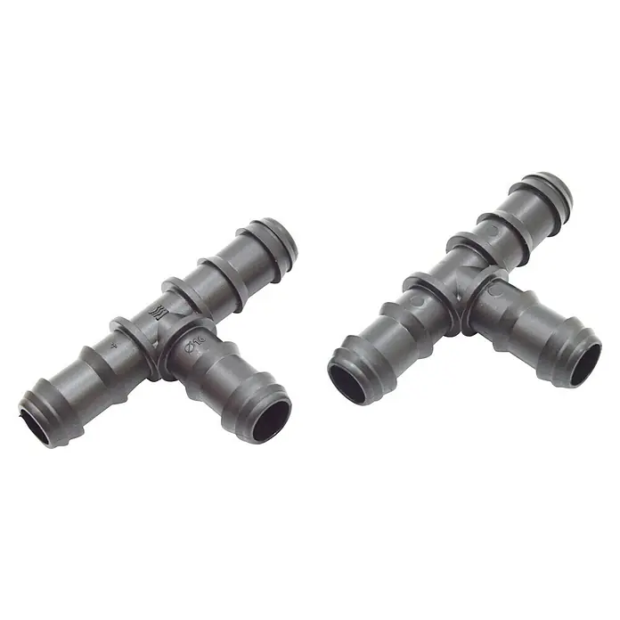 Pieza T goteo - 16 mm, 2 ud. - Dos piezas en T de plástico negro para conexiones de mangueras, ideales para sistemas de riego.