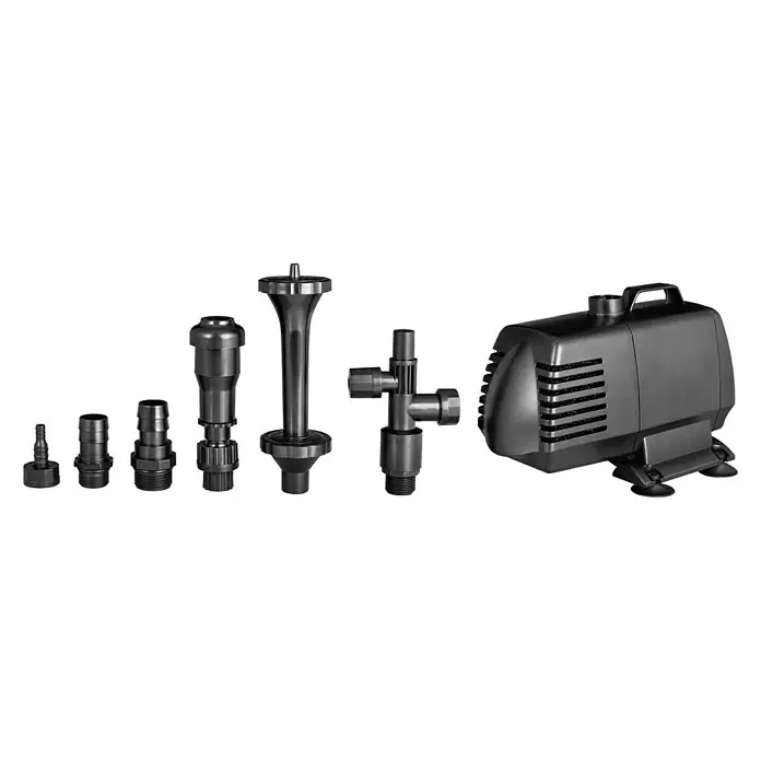 Ubbink Wasserspielpumpe Xtra 3900 - 100 W - Bild einer Teichpumpe mit Zubehör, ideal für Springbrunnen und Wasserspiele im Garten. Robuste Ausführung für den Außenbereich.