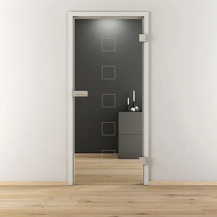 Diamond Doors Glasdrehtür 505 - 709 x 1.972 mm, DIN Anschlag: Rechts, Klarglas - Ein modernes Bild einer Glasschiebetür mit minimalistischem Design, die ein stilvolles Raumgefühl vermittelt.
