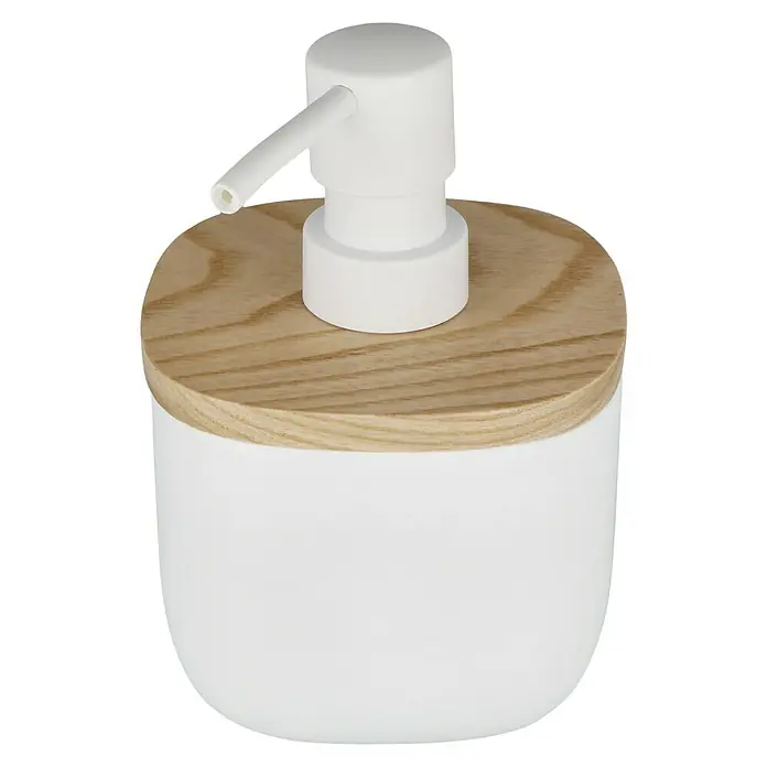 Venus Katta Seifenspender - Weiß, Polyresin - Ein Seifenspender in Weiß mit einem Holzdeckel, der ein elegantes und minimalistisches Design für Badezimmer oder Küche bietet.
