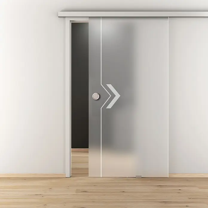 Diamond Doors Glasschiebetür 599 - 935 x 2.058 mm, Einscheibensicherheitsglas (ESG), Milchglas - Schiebetür aus satiniertem Glas mit Pfeil-Design und silbernem Türknauf, die einen modernen und eleganten Akzent setzt.