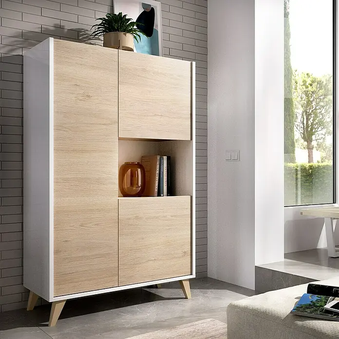 Dekit Aparador Ness - L x An x Al: 43 x 81 x 135 cm, Natural/Blanco - Aparador moderno con frentes de madera y detalles blancos, ideal para espacios de vida elegantes. El mueble ofrece almacenamiento y estantes.