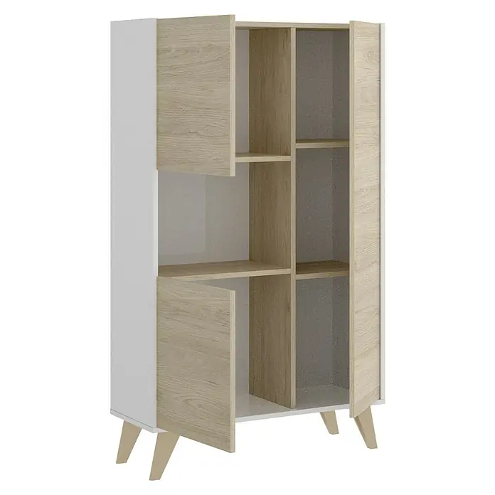 Dekit Aparador Ness - L x An x Al: 43 x 81 x 135 cm, Natural/Blanco - Armario de madera clara con laterales blancos y estantes abiertos, ideal para guardar y exhibir objetos en la sala de estar.