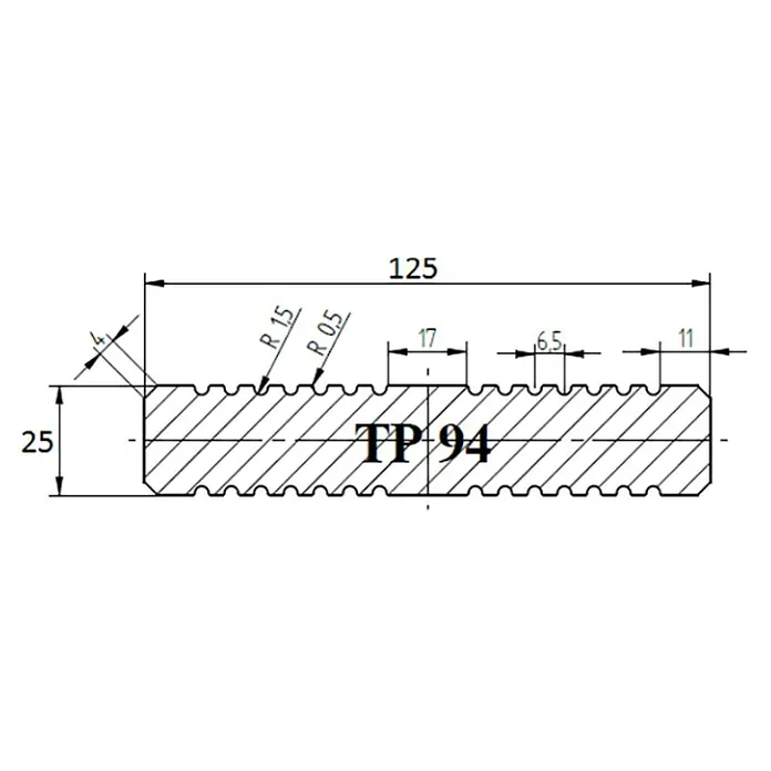 Terrassendiele - Douglasie, 200 x 12,5 x 2,5 cm, Rötlich gelblich - Technische Zeichnung des Produkts TP 94 mit Bemaßungen und Querschnittdarstellung für detaillierte Produktinformationen.