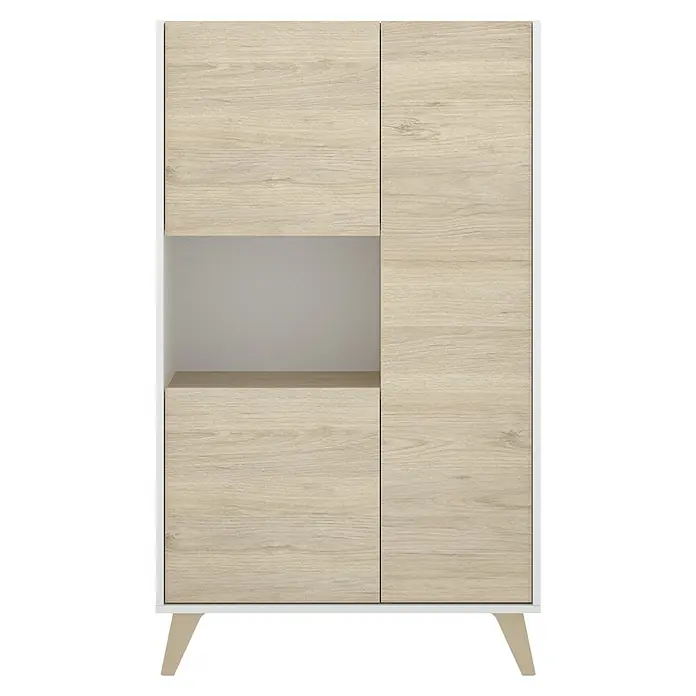 Dekit Aparador Ness - L x An x Al: 43 x 81 x 135 cm, Natural/Blanco - Un aparador moderno con frentes de madera clara y marco blanco, que ofrece tanto almacenamiento cerrado como espacio de estantería abierta.