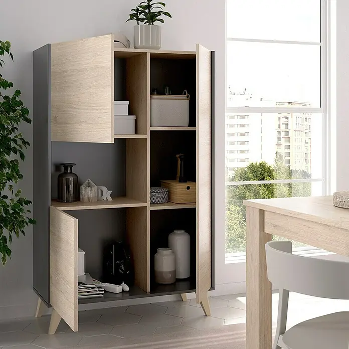 Dekit Aparador Ness - L x An x Al: 43 x 81 x 135 cm, Natural/Grafito - Estantería moderna con compartimentos abiertos y cerrados en gris y aspecto de madera que ofrece amplio espacio de almacenamiento y un aspecto elegante.