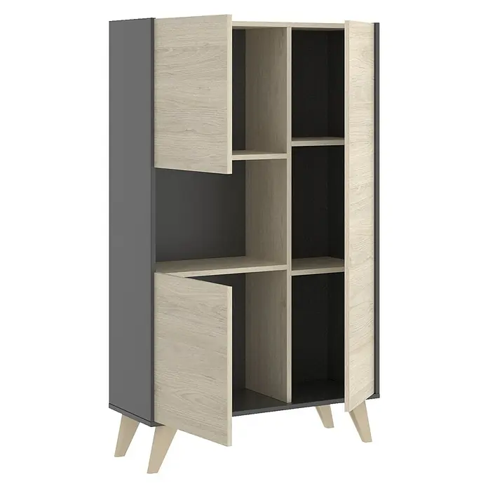 Dekit Aparador Ness - L x An x Al: 43 x 81 x 135 cm, Natural/Grafito - Estantería moderna gris y de madera clara con compartimentos abiertos y dos puertas para un almacenamiento elegante.
