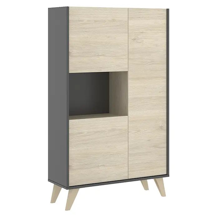 Dekit Aparador Ness - L x An x Al: 43 x 81 x 135 cm, Natural/Grafito - Elegante aparador en gris y aspecto de madera. El mueble tiene compartimentos y se apoya sobre pies inclinados.