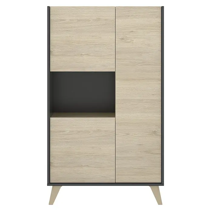 Dekit Aparador Ness - L x An x Al: 43 x 81 x 135 cm, Natural/Grafito - Aparador moderno con frentes de madera clara y un compartimento abierto oscuro para un almacenamiento elegante en la sala de estar.