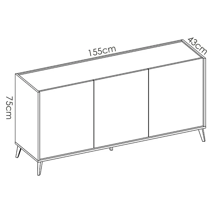 Dekit Aparador Ness - L x An x Al: 43 x 155 x 75 cm, Natural/Blanco - Boceto de un aparador moderno con tres puertas, 155 cm de ancho, 75 cm de alto y 43 cm de fondo.