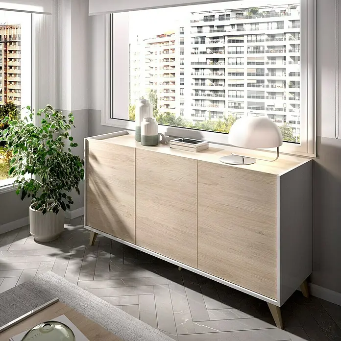 Dekit Aparador Ness - L x An x Al: 43 x 155 x 75 cm, Natural/Blanco - El aparador con frentes de madera marrón claro y cuerpo blanco ofrece mucho espacio de almacenamiento y una adición elegante para tu salón.