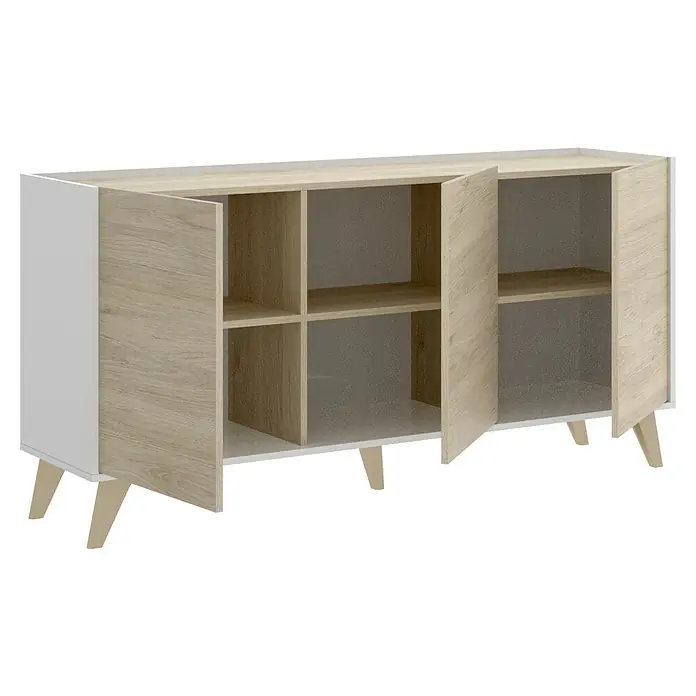 Dekit Aparador Ness - L x An x Al: 43 x 155 x 75 cm, Natural/Blanco - Aparador moderno con elementos blancos y marrones claros, compartimentos abiertos y puertas para un almacenamiento elegante.